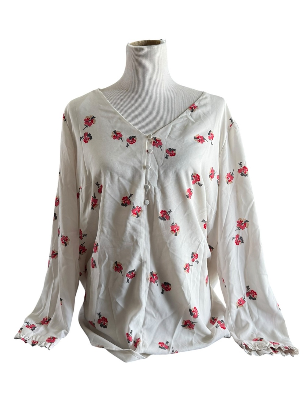 LOFT V-Neck Button Blouse with Red Floral Print Size 18